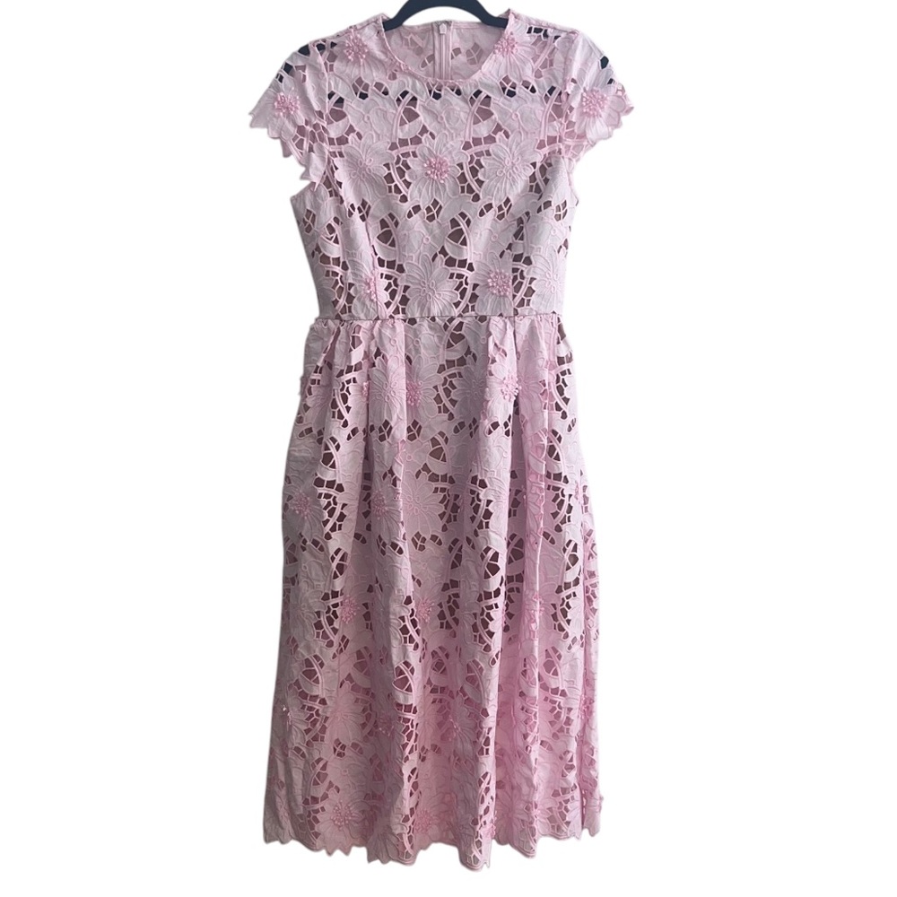 NEW NWT Self Portrait Pink Cotton Guipure Lace Midi Dress In Peony Light Pink - Picture 3 of 14